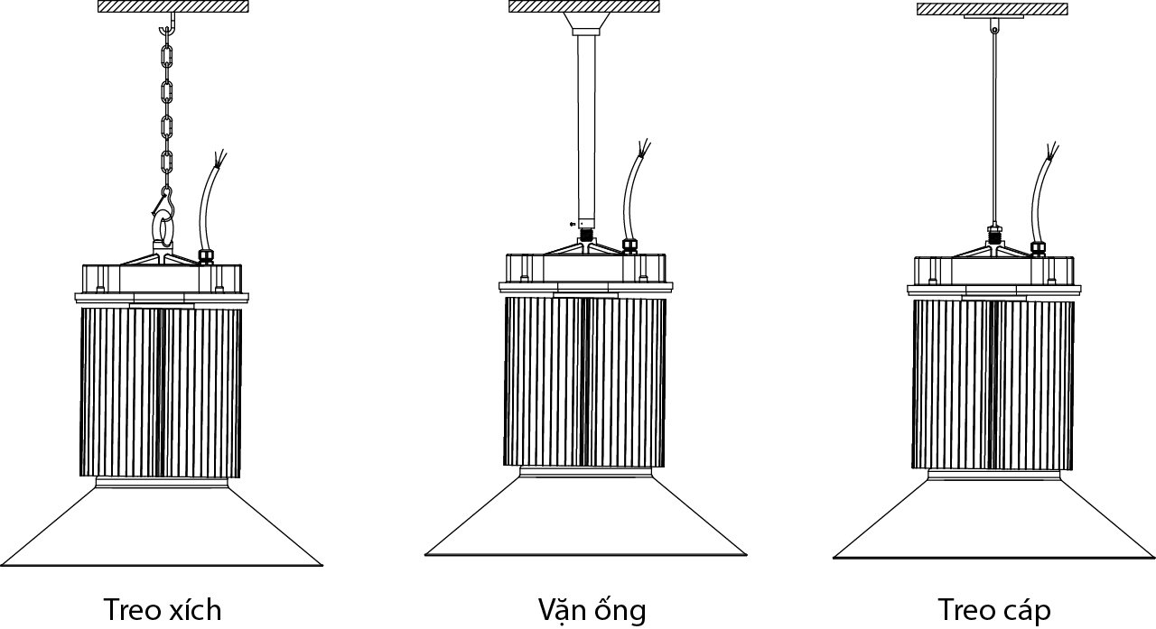 Các kiểu treo đèn nhà xưởng phổ biến